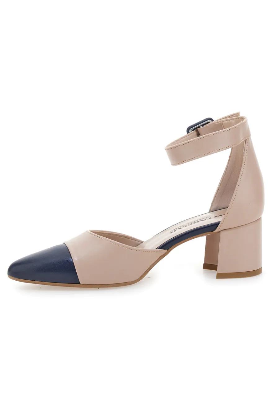 Hautfarbene Pumps mit blauer Spitze und Blockabsatz PICTARELLO 113