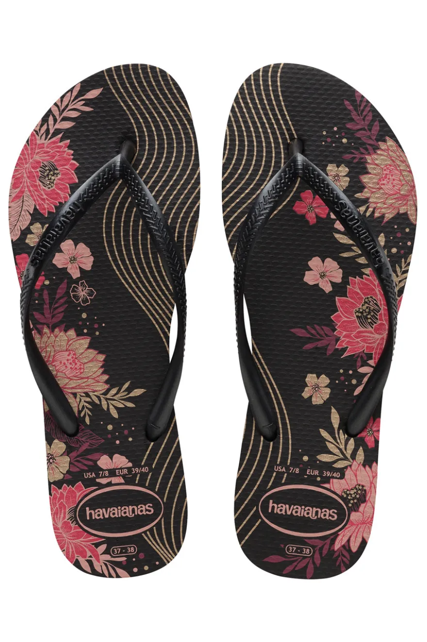 Havaianas Slim Organic Schwarze Flip-Flops mit Blumen