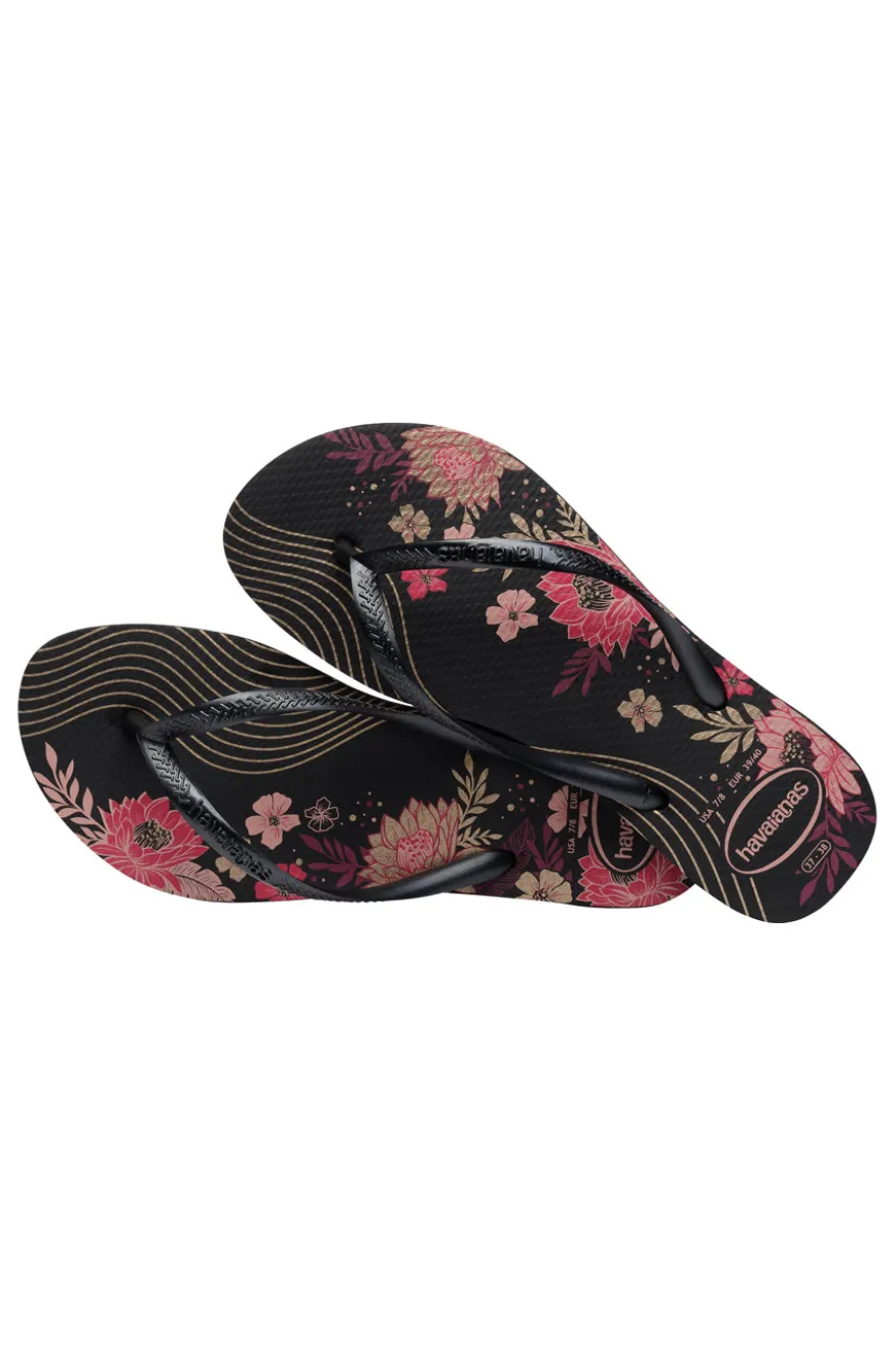 Havaianas Slim Organic Schwarze Flip-Flops mit Blumen