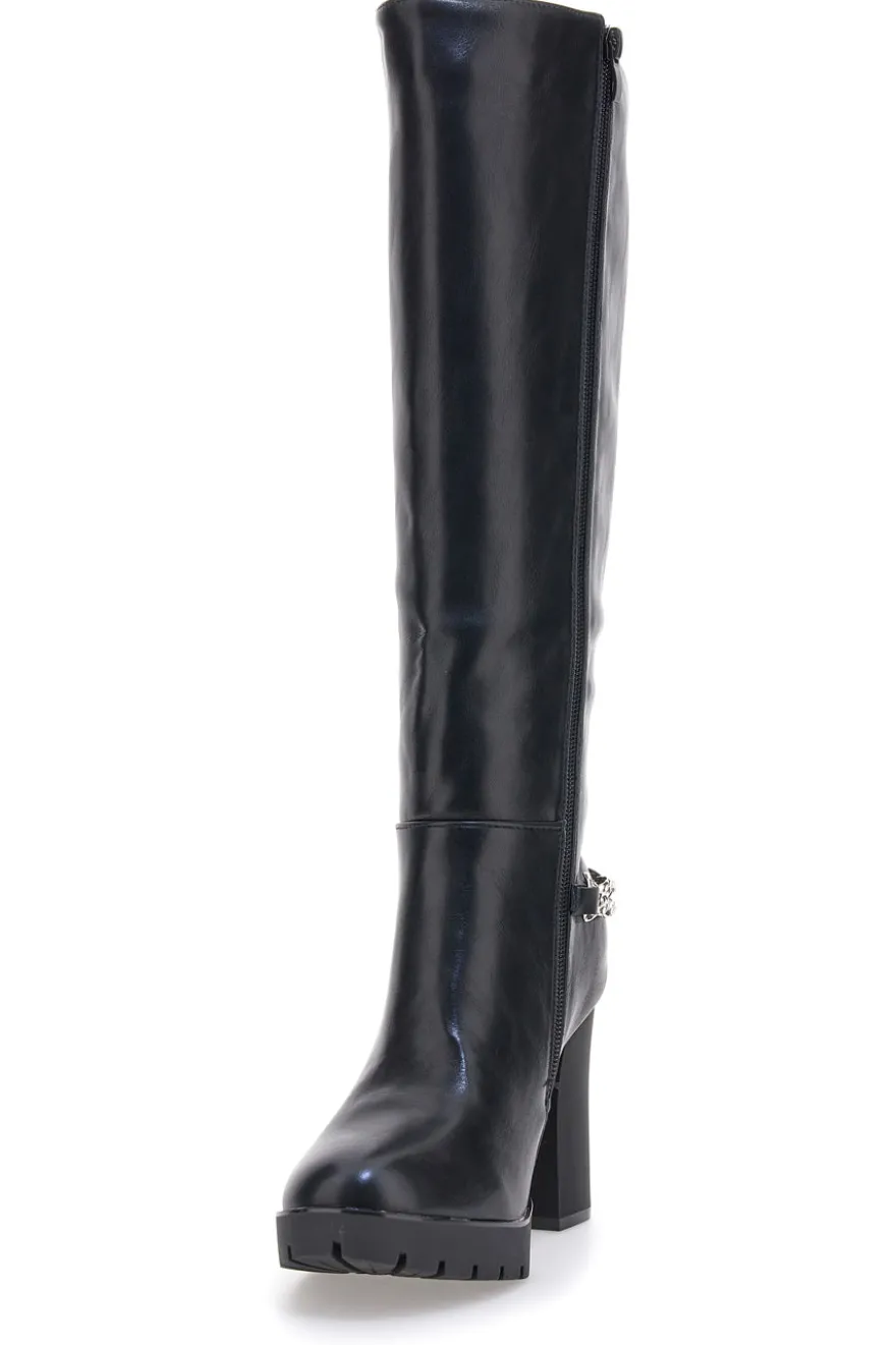 Hohe schwarze Stiefel mit dekorativer Kette THE FIRST H262534
