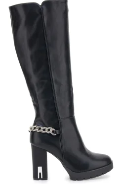 Hohe schwarze Stiefel mit dekorativer Kette THE FIRST H262534