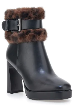Laura Biagiotti 9384M schwarze Stiefeletten mit hohem Absatz, Riemen und Pelzbesatz