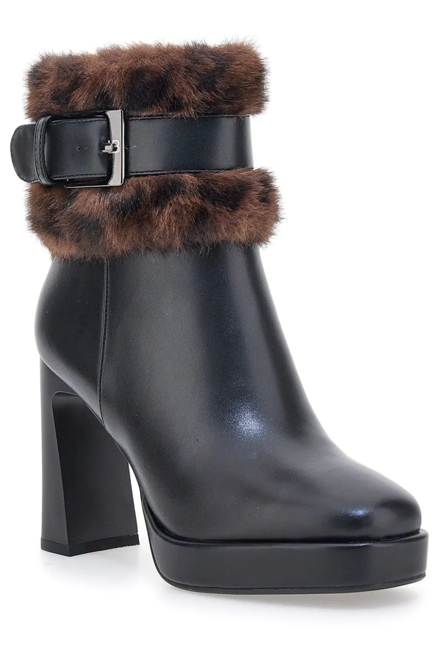 Laura Biagiotti 9384M schwarze Stiefeletten mit hohem Absatz, Riemen und Pelzbesatz