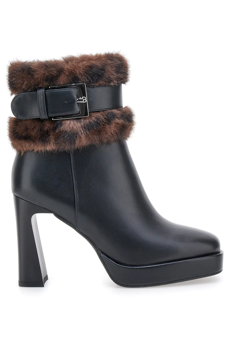 Laura Biagiotti 9384M schwarze Stiefeletten mit hohem Absatz, Riemen und Pelzbesatz