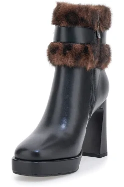 Laura Biagiotti 9384M schwarze Stiefeletten mit hohem Absatz, Riemen und Pelzbesatz
