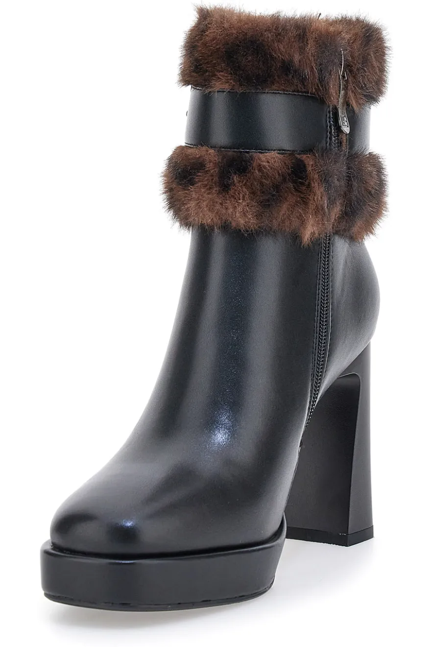 Laura Biagiotti 9384M schwarze Stiefeletten mit hohem Absatz, Riemen und Pelzbesatz
