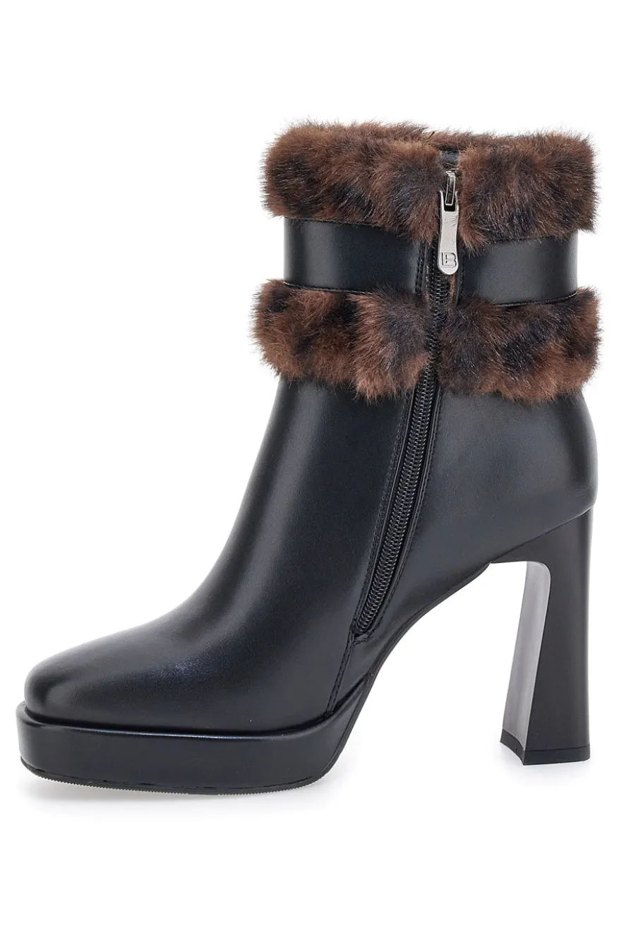 Laura Biagiotti 9384M schwarze Stiefeletten mit hohem Absatz, Riemen und Pelzbesatz