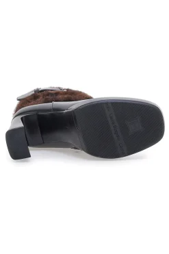 Laura Biagiotti 9384M schwarze Stiefeletten mit hohem Absatz, Riemen und Pelzbesatz