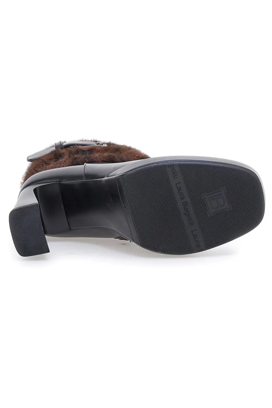 Laura Biagiotti 9384M schwarze Stiefeletten mit hohem Absatz, Riemen und Pelzbesatz