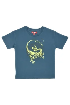 Maglia Girocollo a Miche Corte Petrolio con Stampa Giallo Fluo PITT KIDS PT-K-T-7011