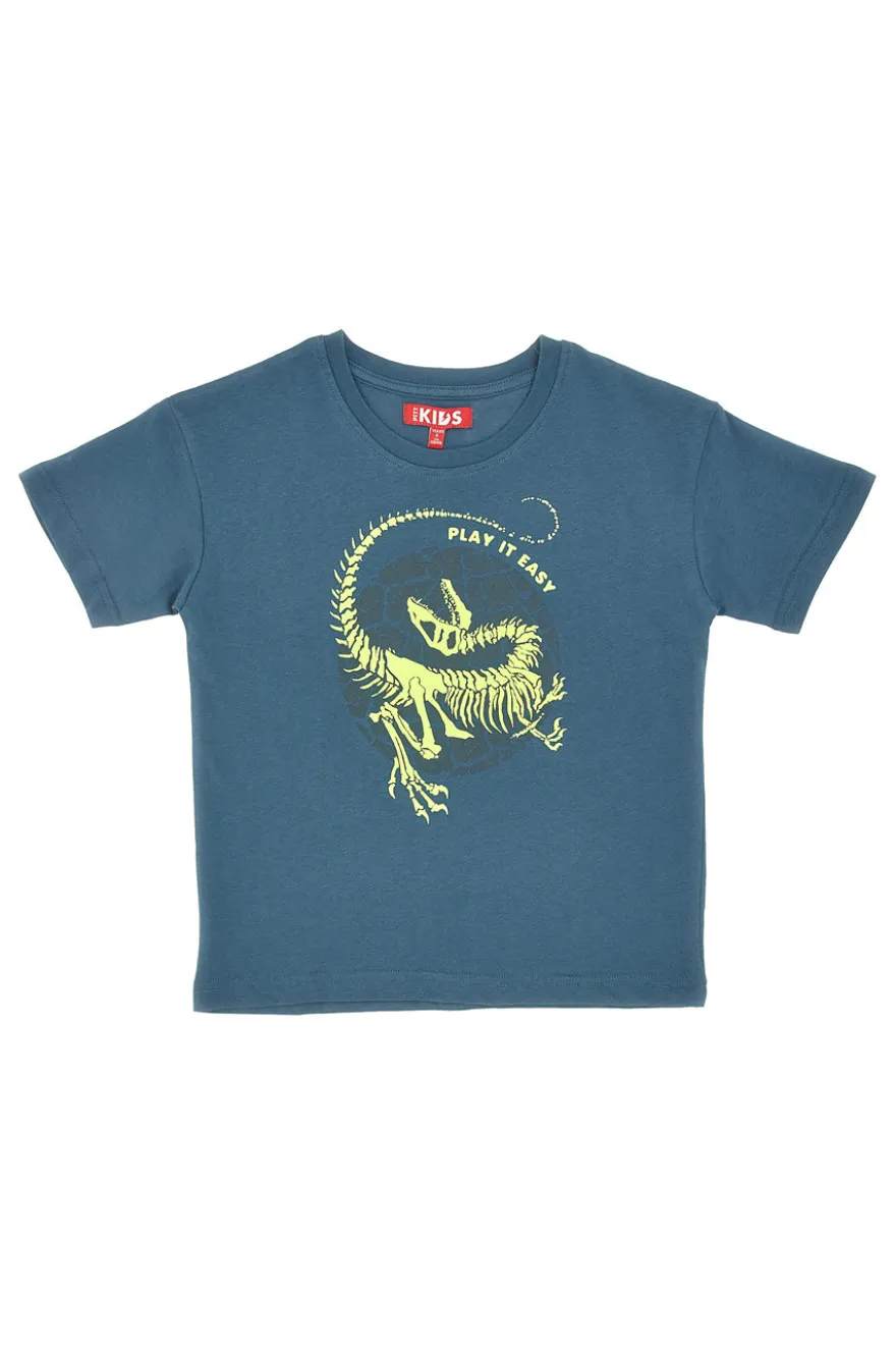 Maglia Girocollo a Miche Corte Petrolio con Stampa Giallo Fluo PITT KIDS PT-K-T-7011