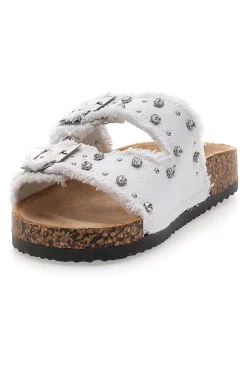 Me & Me 12502 Damen-Sandalen aus weißem Denim mit doppeltem Fransenband und Nieten