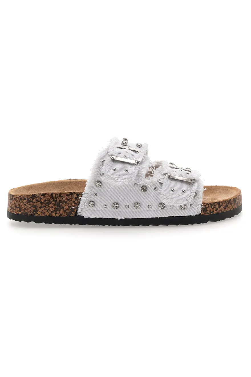 Me & Me 12502 Damen-Sandalen aus weißem Denim mit doppeltem Fransenband und Nieten