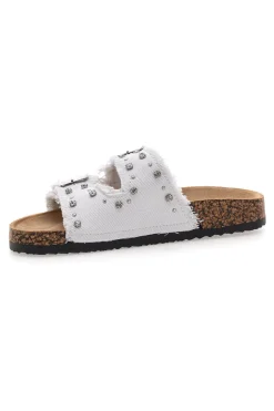 Me & Me 12502 Damen-Sandalen aus weißem Denim mit doppeltem Fransenband und Nieten