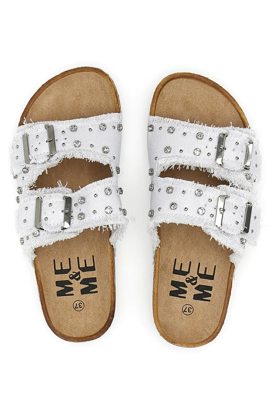 Me & Me 12502 Damen-Sandalen aus weißem Denim mit doppeltem Fransenband und Nieten