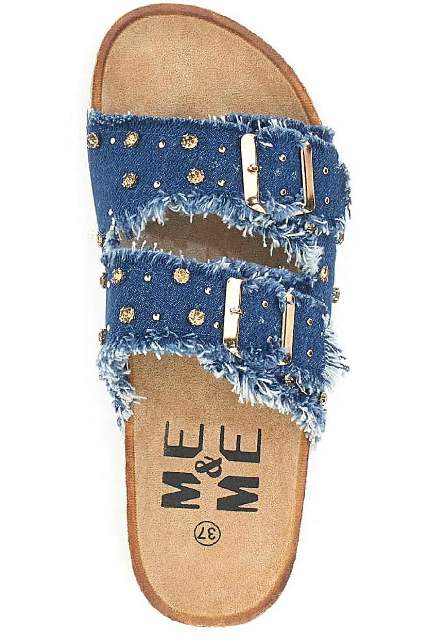 Me & Me 12502 Jeans-Hausschuhe mit doppelt ausgefranstem Band und Nieten