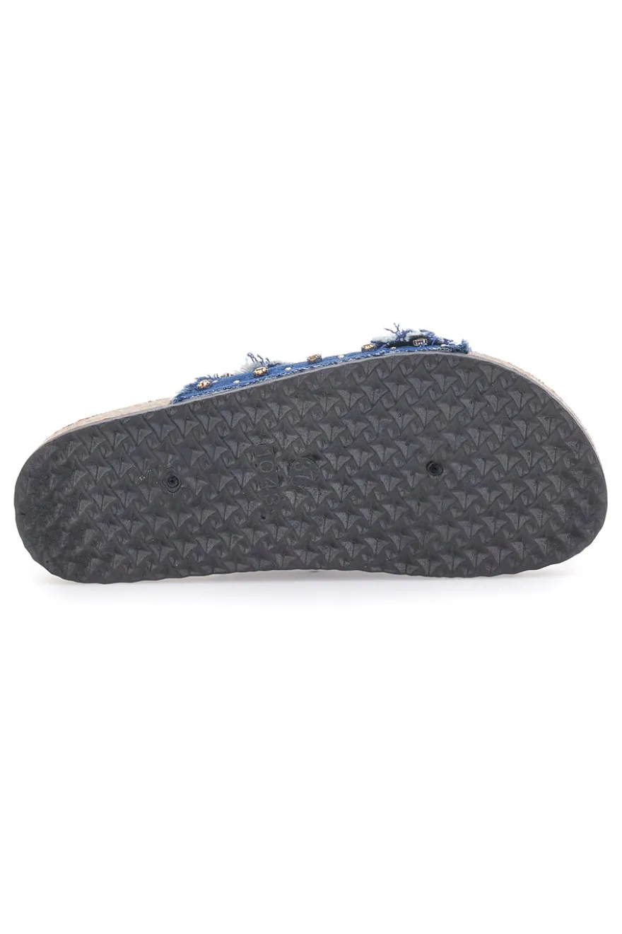 Me & Me 12502 Jeans-Hausschuhe mit doppelt ausgefranstem Band und Nieten