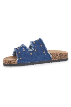 Me & Me 12502 Jeans-Hausschuhe mit doppelt ausgefranstem Band und Nieten