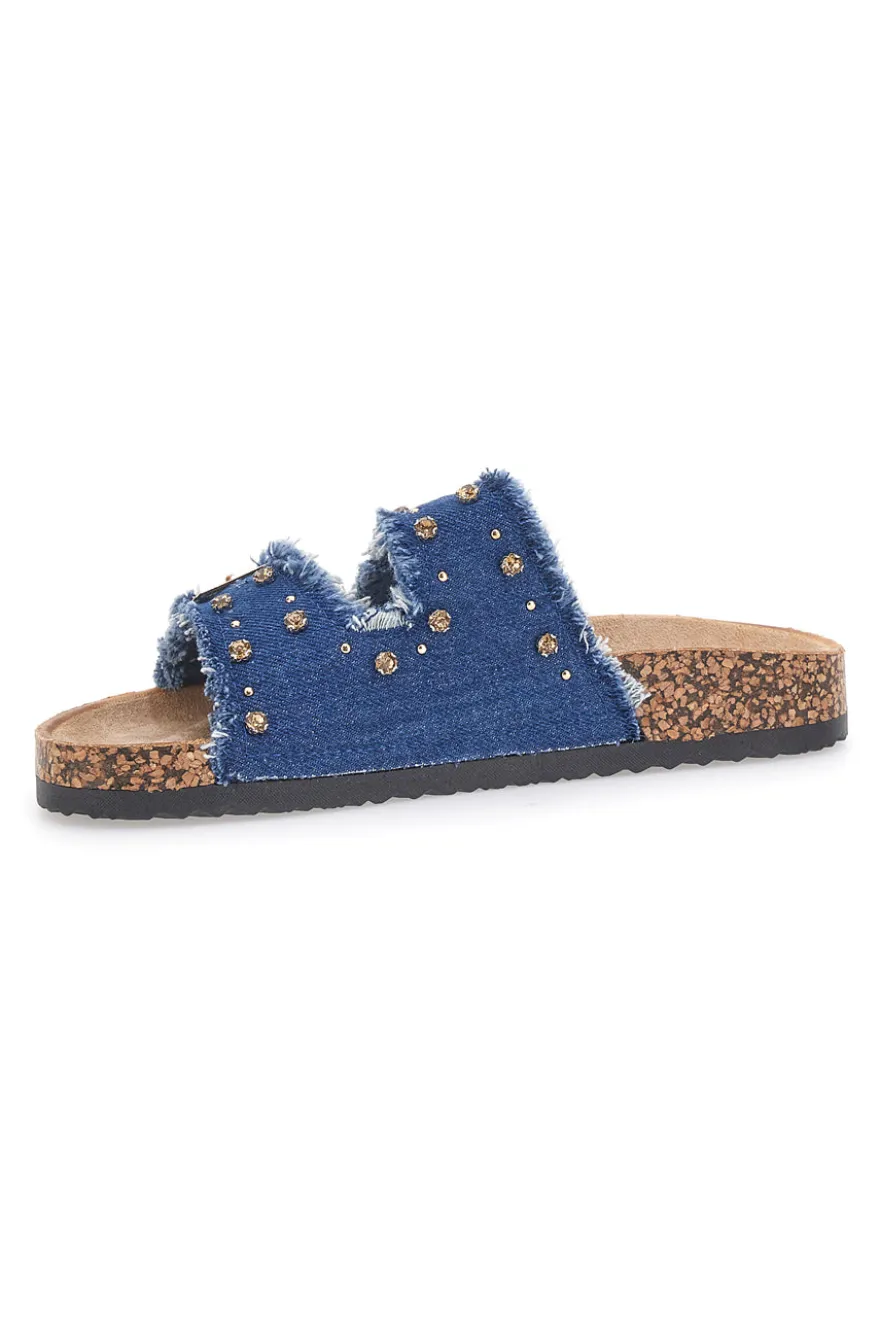 Me & Me 12502 Jeans-Hausschuhe mit doppelt ausgefranstem Band und Nieten