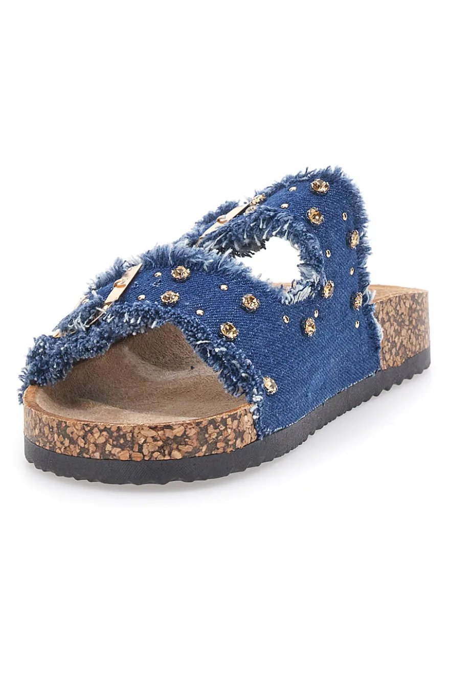 Me & Me 12502 Jeans-Hausschuhe mit doppelt ausgefranstem Band und Nieten