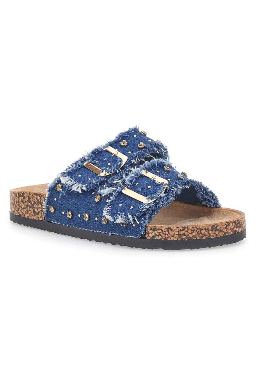 Me & Me 12502 Jeans-Hausschuhe mit doppelt ausgefranstem Band und Nieten