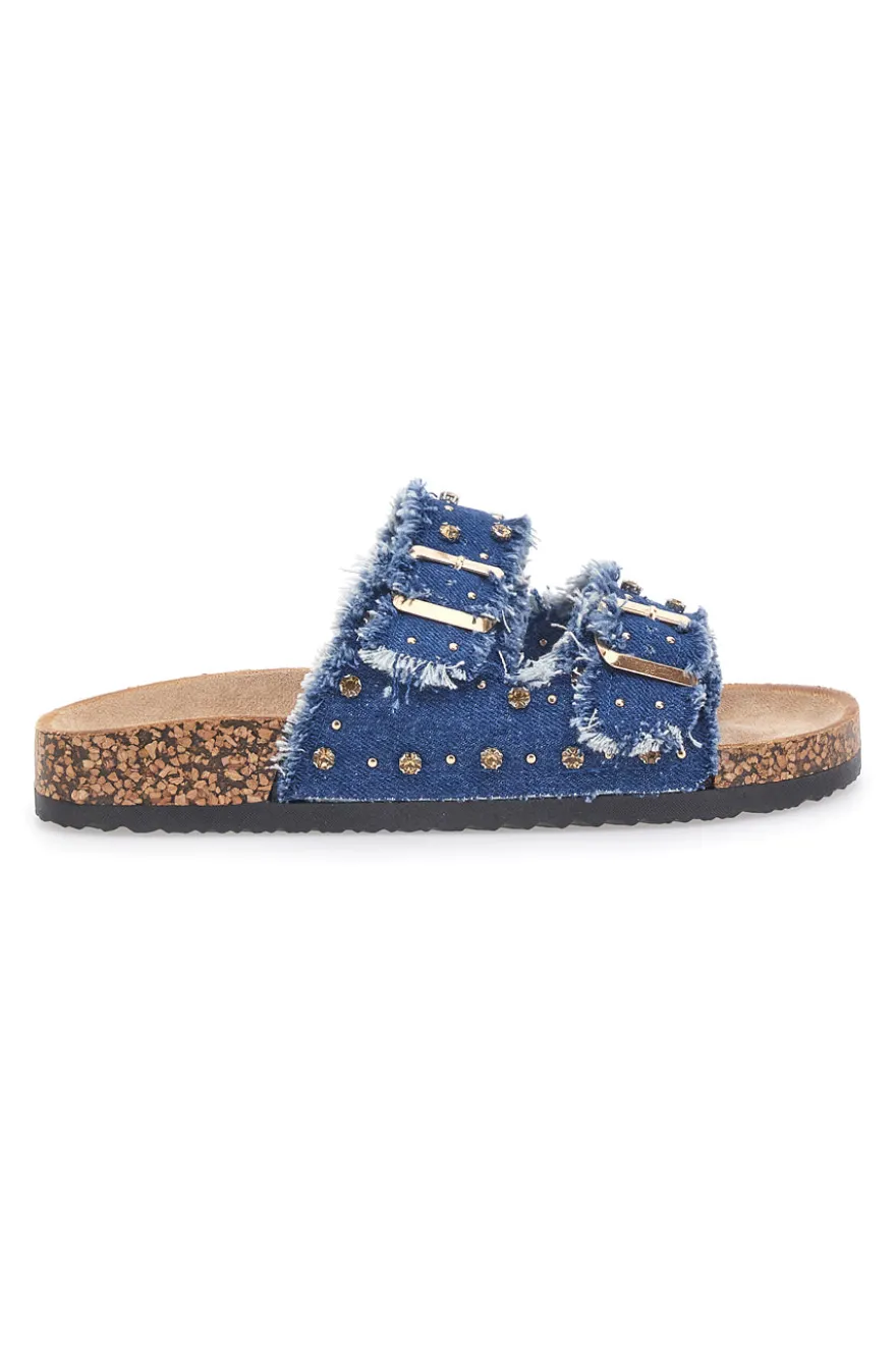 Me & Me 12502 Jeans-Hausschuhe mit doppelt ausgefranstem Band und Nieten