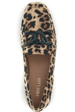 Mocassini animalier in tessuto stampa leopardata con morsetto First lady P673