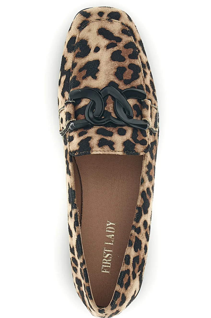 Mocassini animalier in tessuto stampa leopardata con morsetto First lady P673