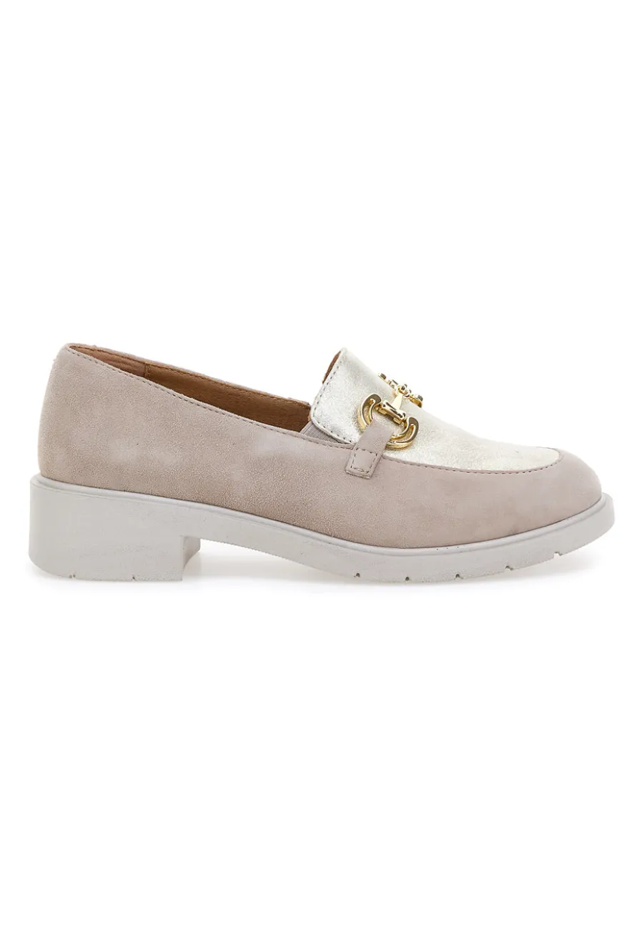 Mocassini beige e oro in vera pelle con catena Prima riga 24584IGNIS