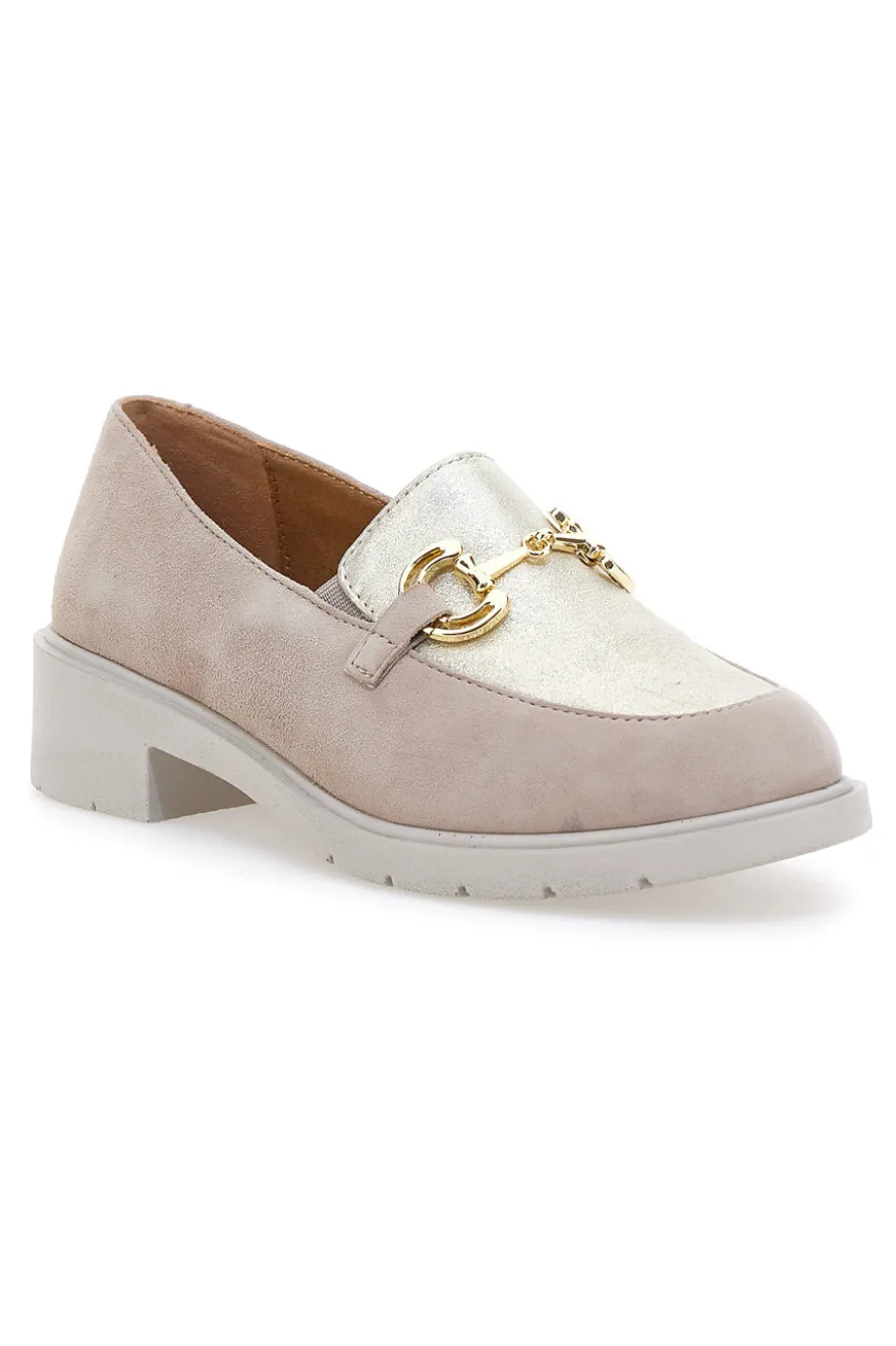 Mocassini beige e oro in vera pelle con catena Prima riga 24584IGNIS