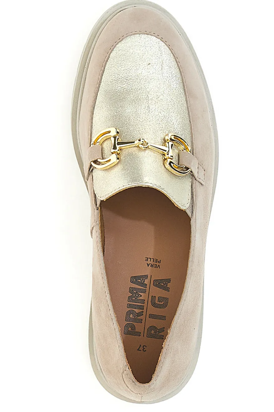 Mocassini beige e oro in vera pelle con catena Prima riga 24584IGNIS