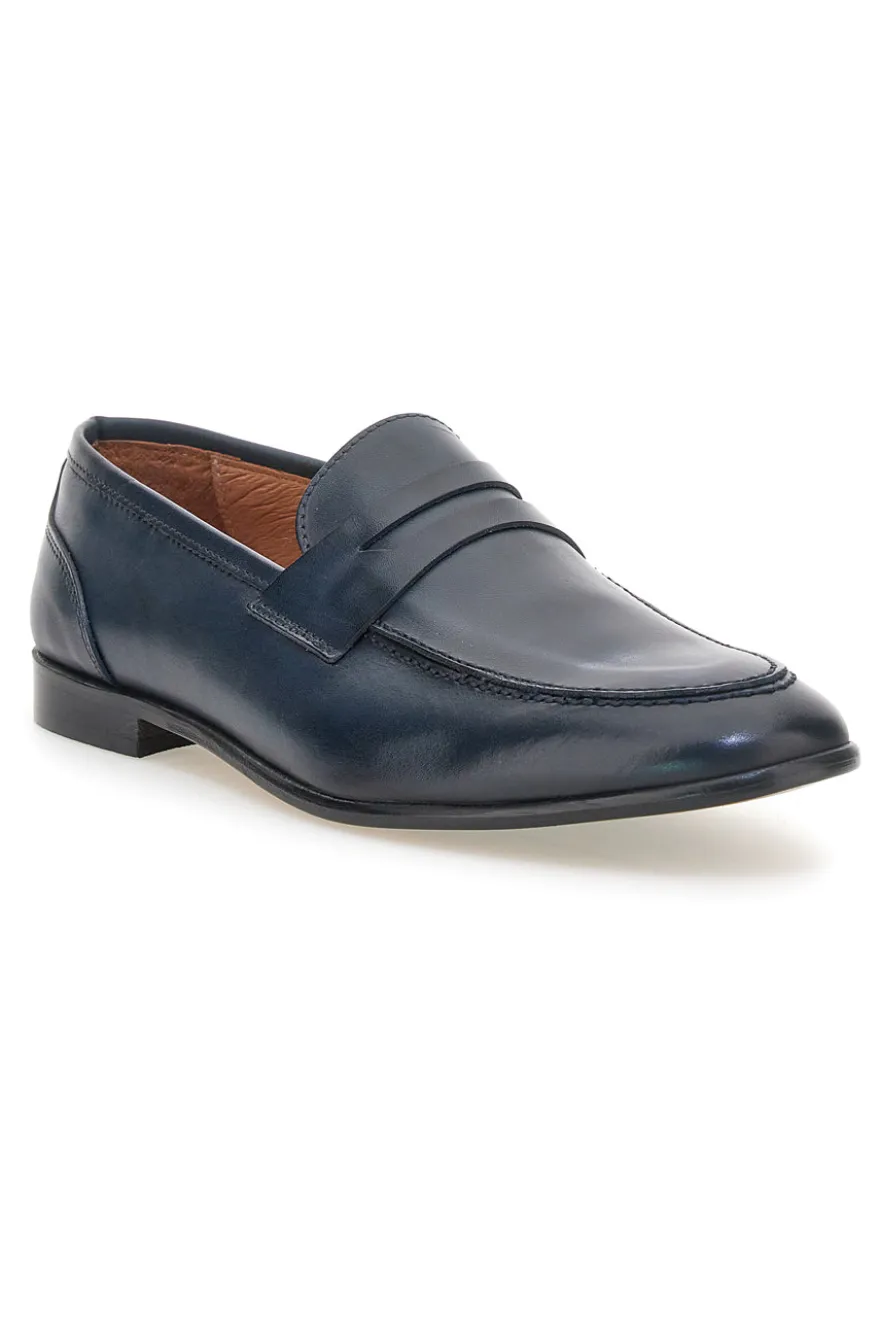 Mocassini blu in vera pelle con suola in cuoio made in Italy Pittarello 2374