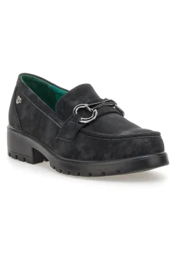 Mocassini neri vegan effetto scamosciato con catena Eco Bio J535576