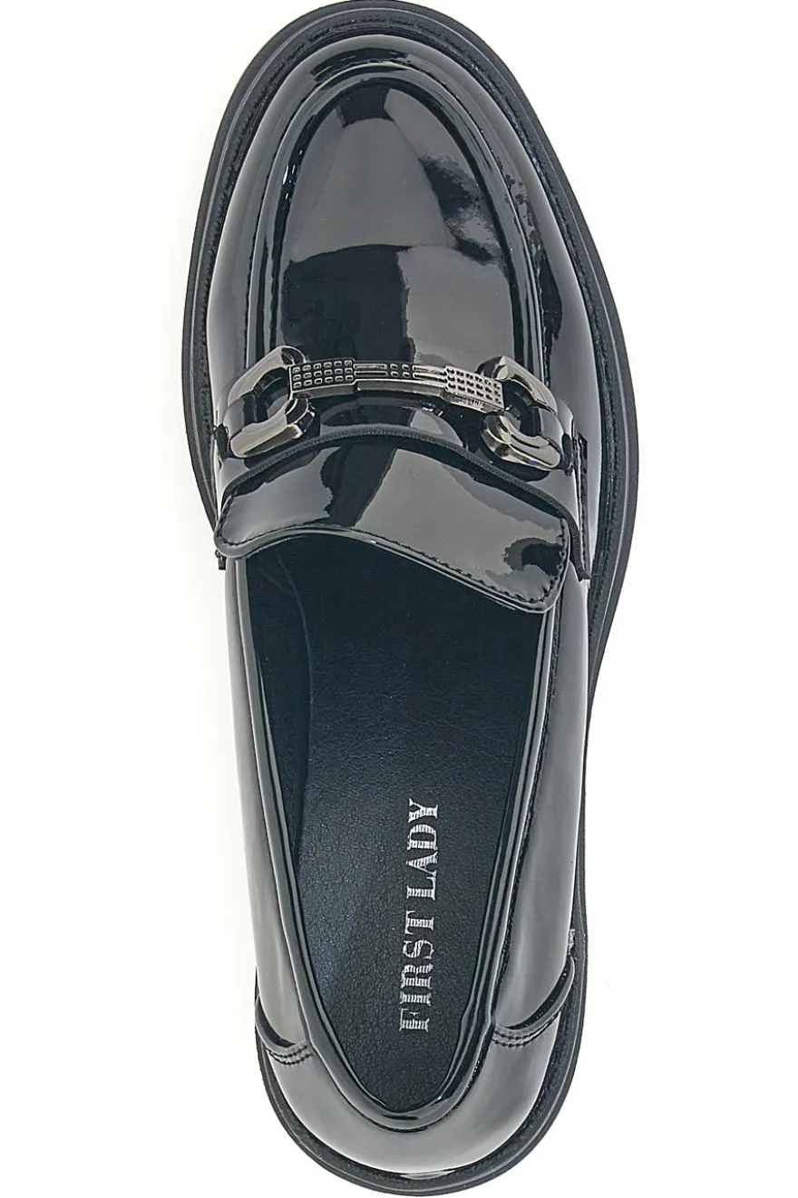Mocassini neri verniciati con tacco e morsetto First Lady P633