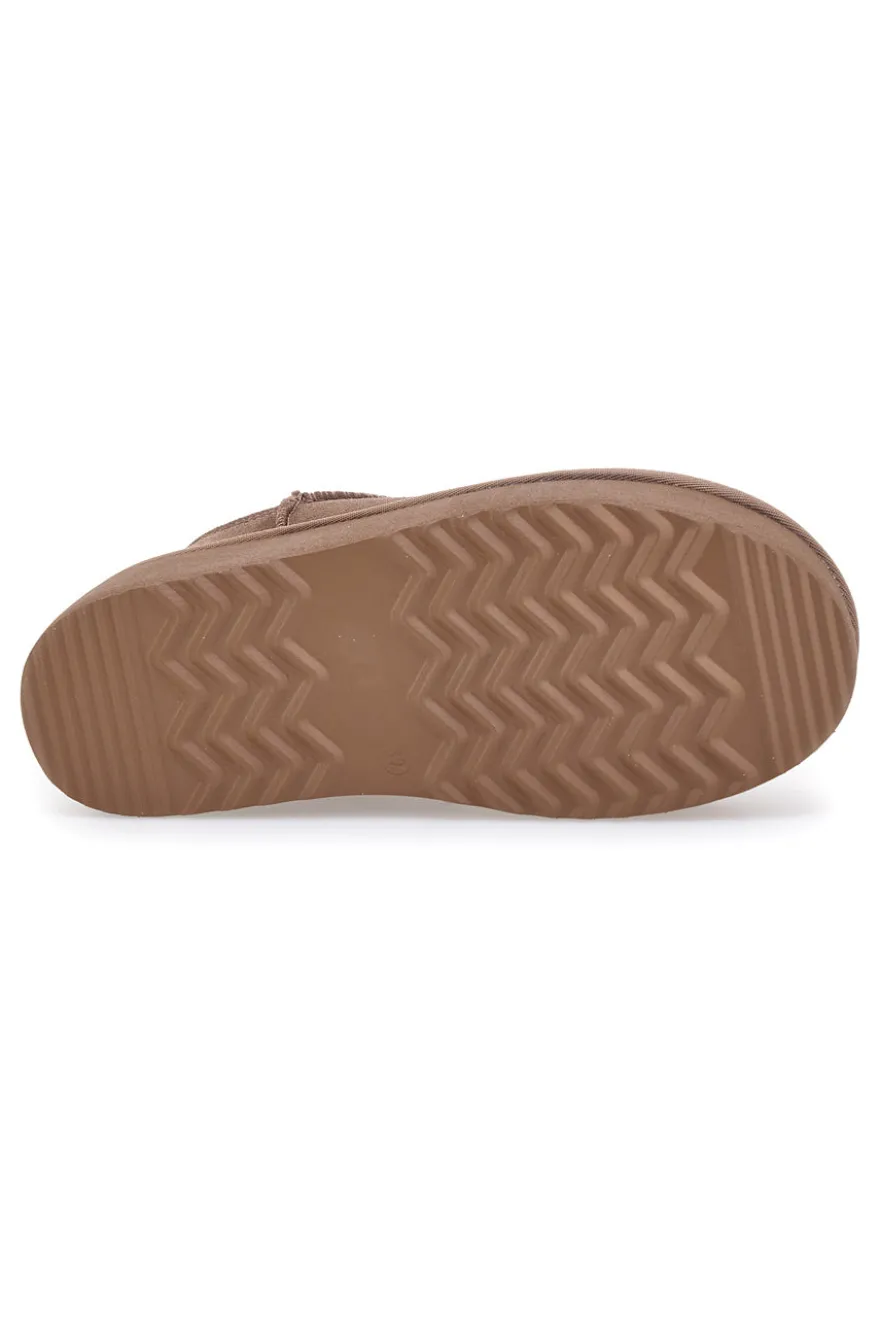 Mon Dieu L1250 – Kamelfarbene Slipper-Stiefeletten mit Plateausohle in Wildlederoptik