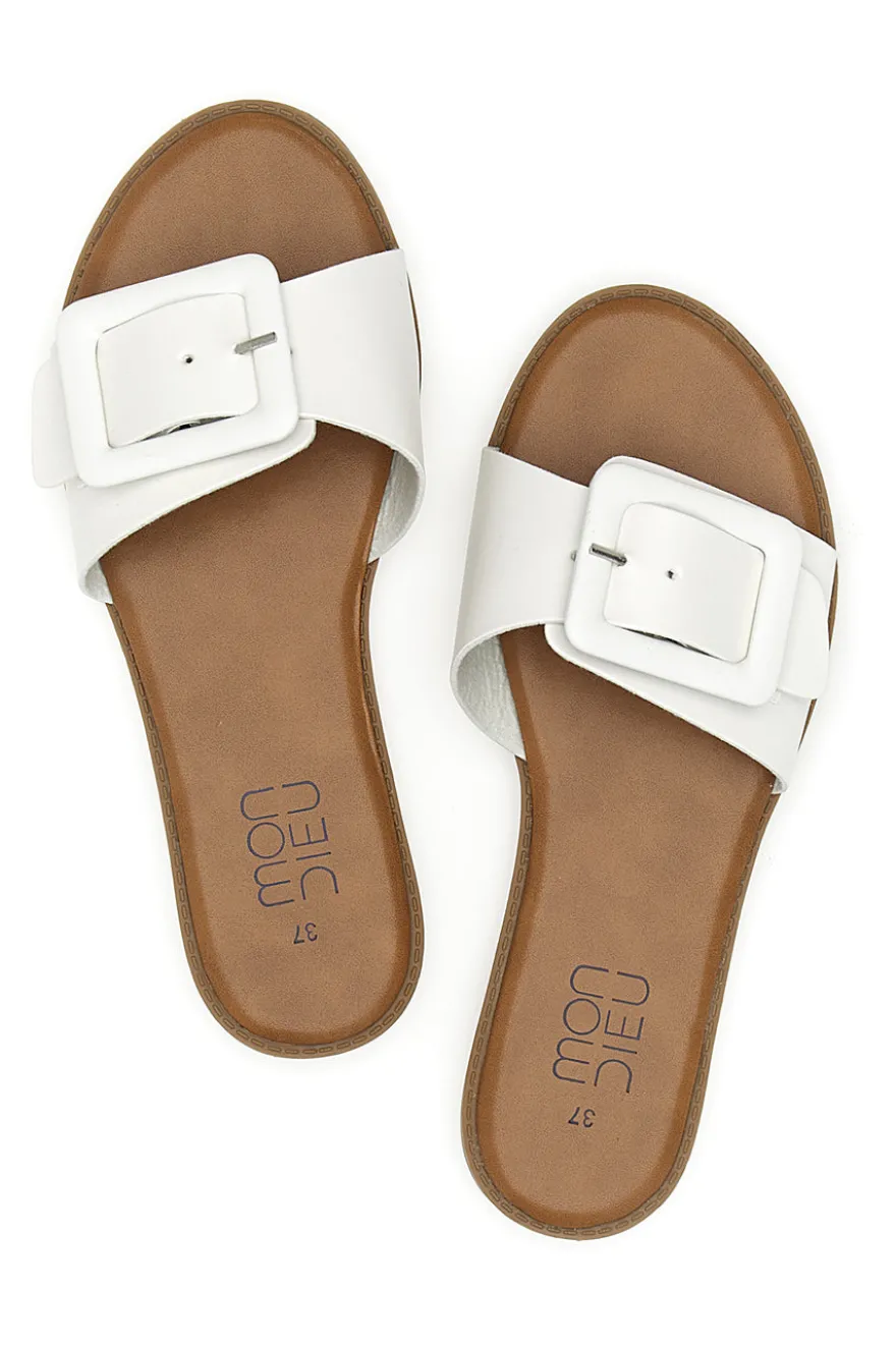 Mon Dieu PREA1330 Damen-Slipper im Minimal-Chic-Stil in Weiß mit Maxi-Schnalle