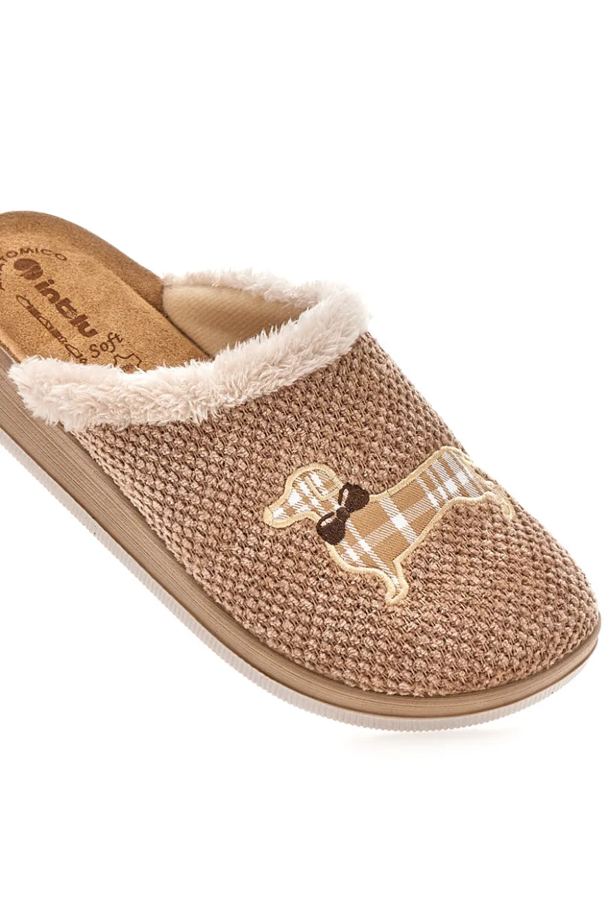 Pantofole beige con ricamo cane e bordo in pelo Inblu 42 CT