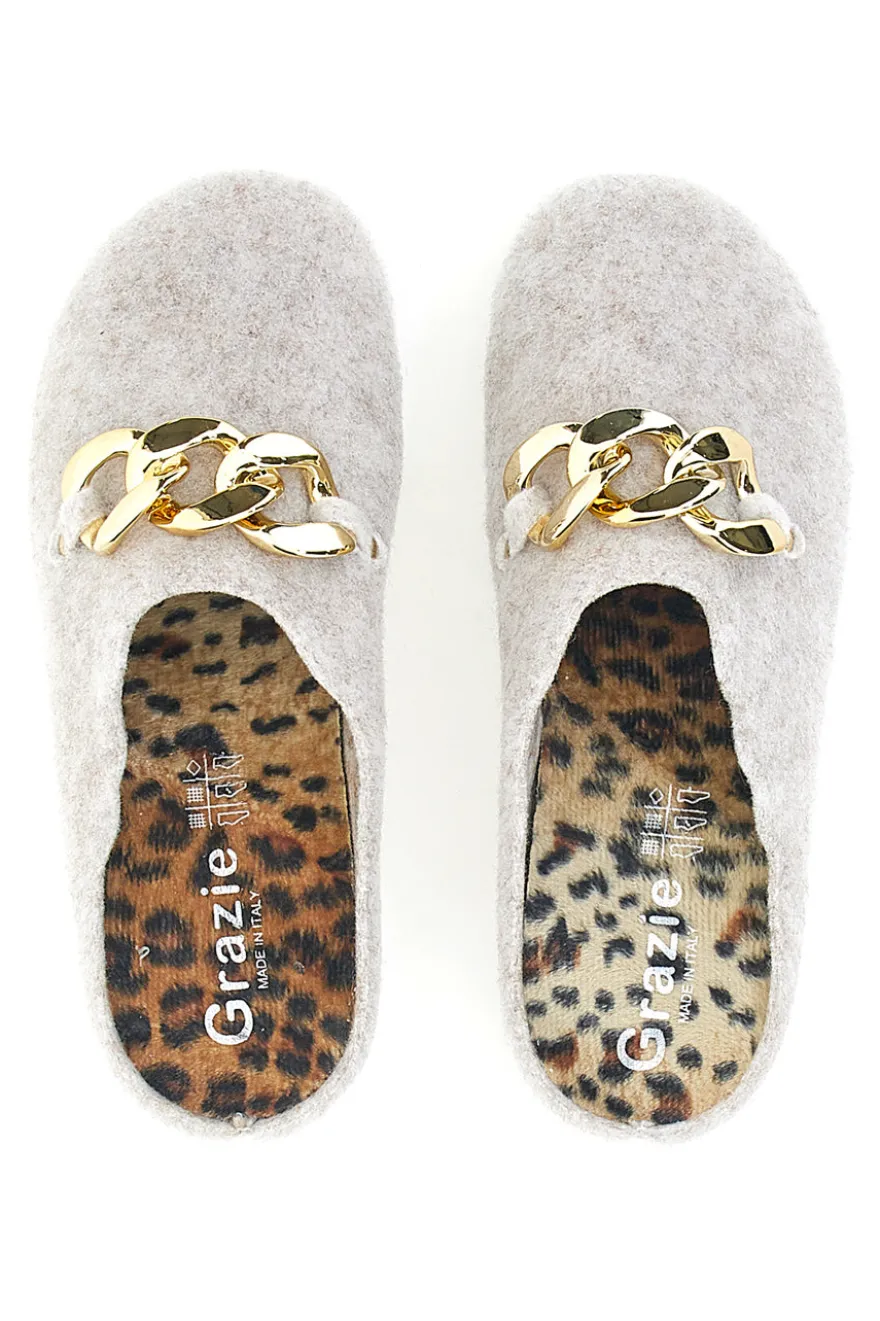 Pantofole Beige in Feltro con Catena Color Oro Grazie 3004d