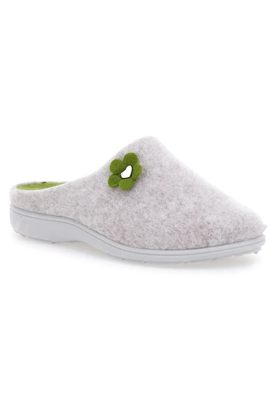 Pantofole Beige in Feltro con Fiorellino Verde e Plantare Estraibile Grazie 3003d