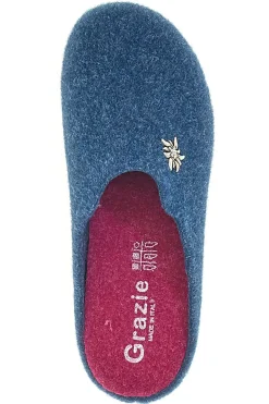 Pantofole Blu in Feltro con Fiorellino in Metallo e Plantare Estraibile Grazie 3001d