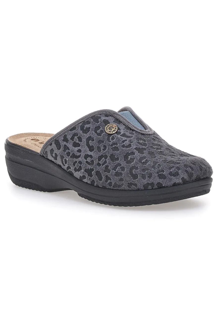 Pantofole grigie motivo animalier con sottopiede in pelle Inblu 16L