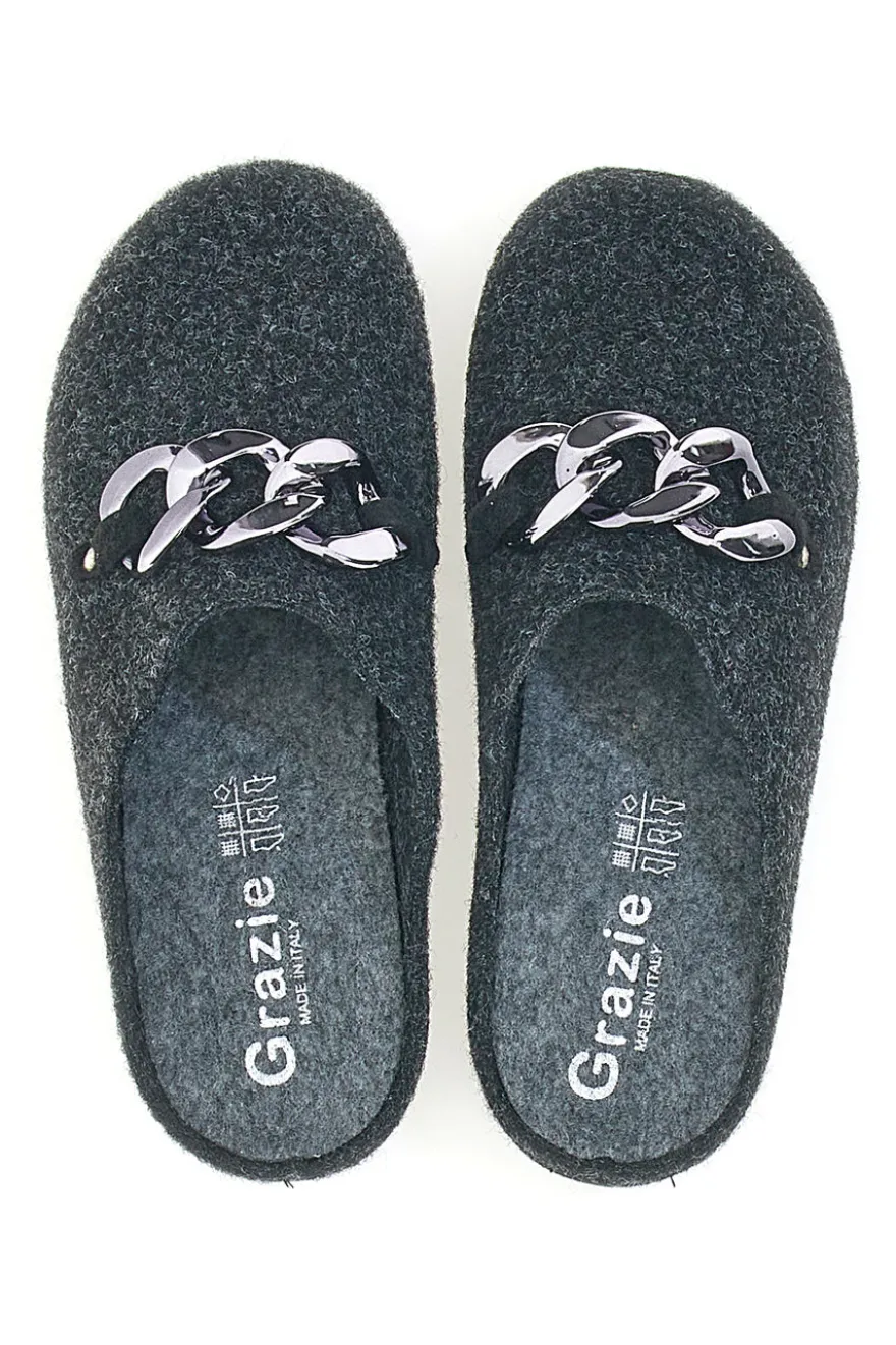 Pantofole Nere in Feltro con Catena Color Canna di Fucile Grazie 3004d