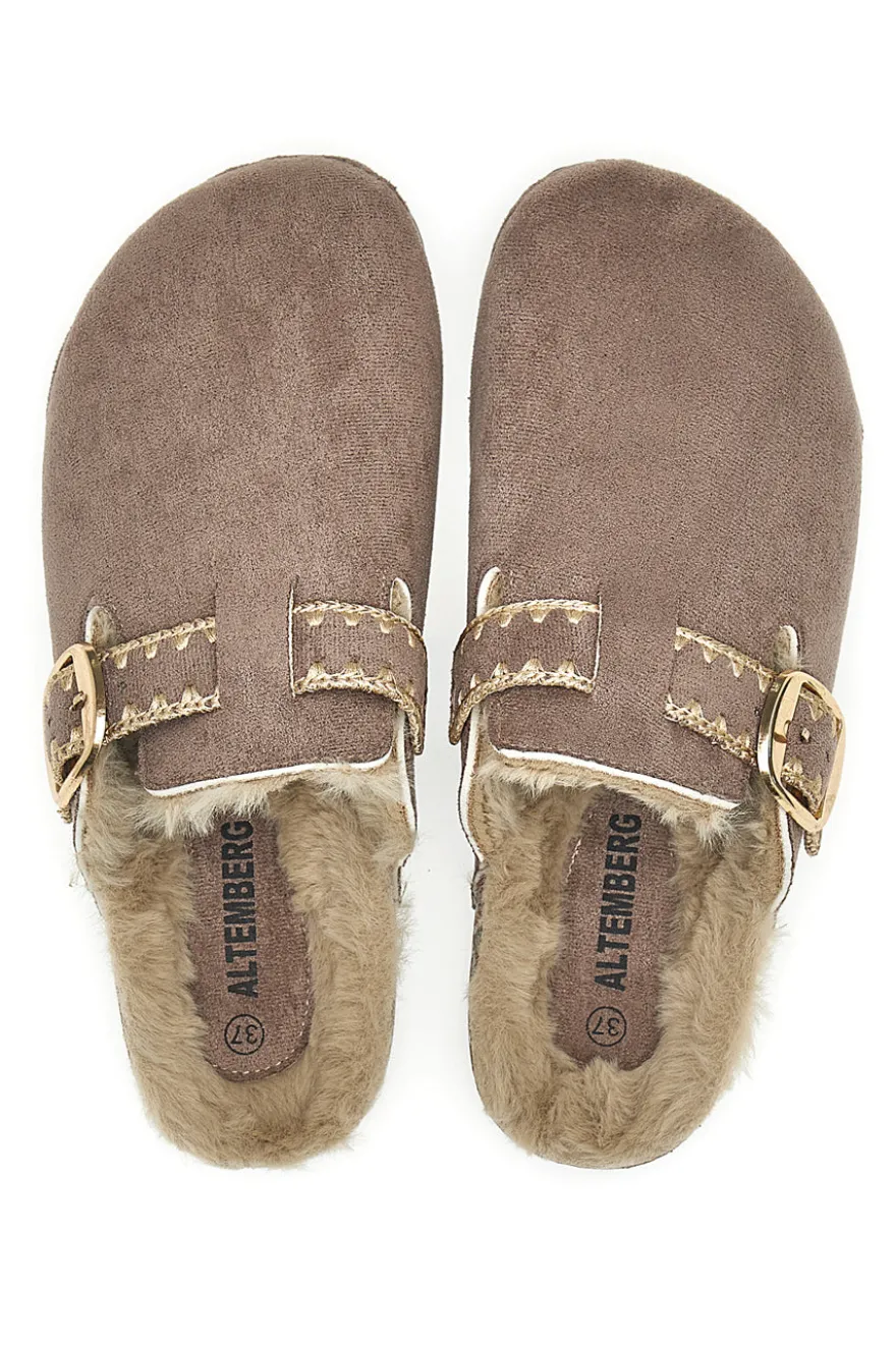 Pantofole taupe con fibbia e interno con pelo Altemberg 1107