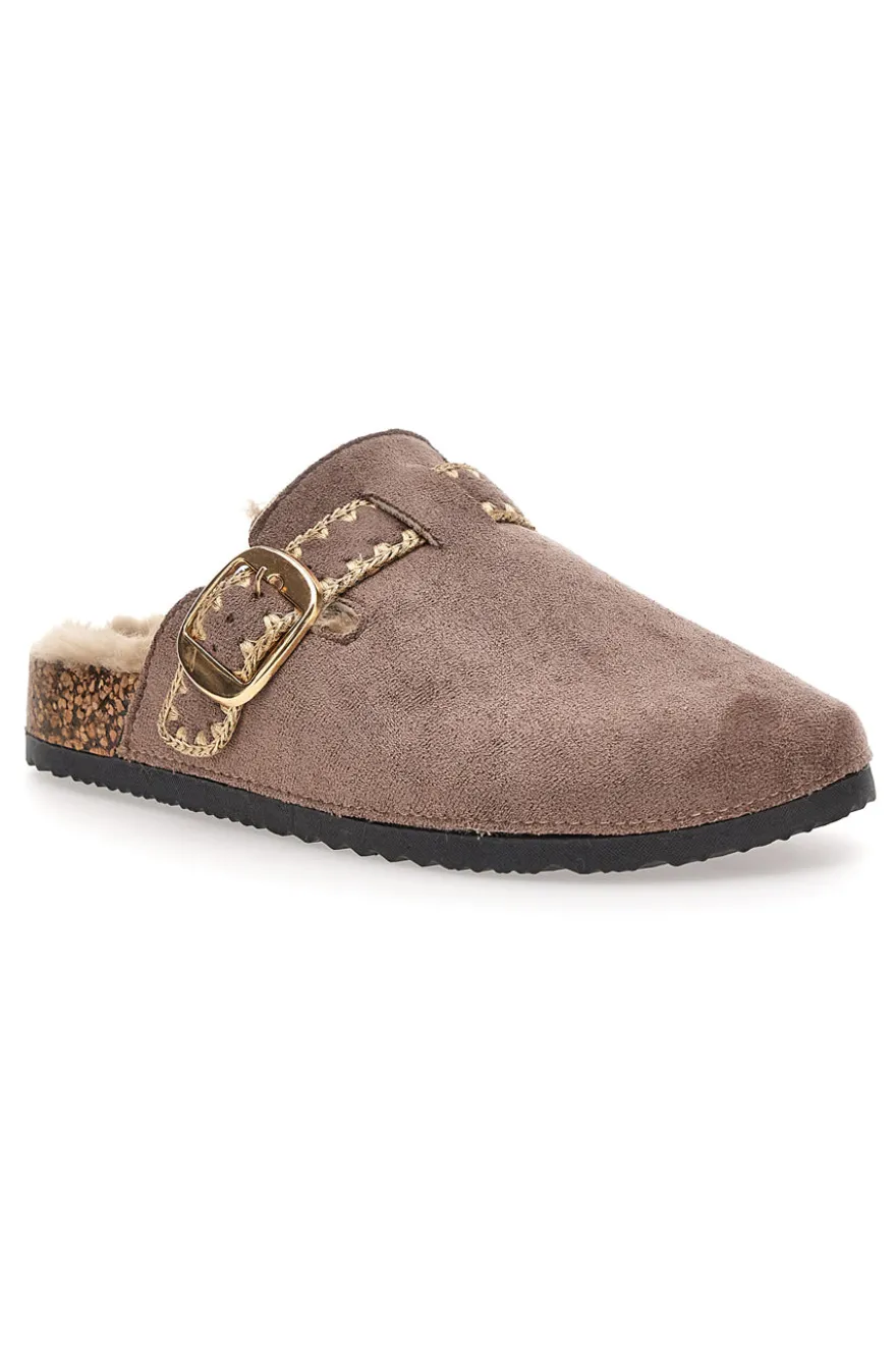 Pantofole taupe con fibbia e interno con pelo Altemberg 1107