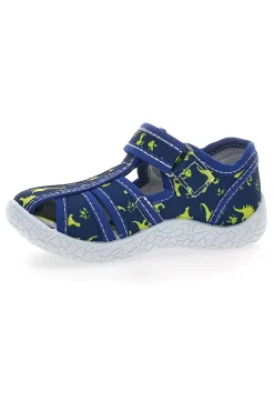 PITT KIDS PK2492D Blaue Sandalen für die ersten Schritte mit gelben Dinosauriern, geschlossene Zehenpartie