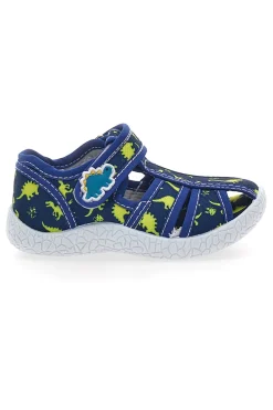 PITT KIDS PK2492D Blaue Sandalen für die ersten Schritte mit gelben Dinosauriern, geschlossene Zehenpartie