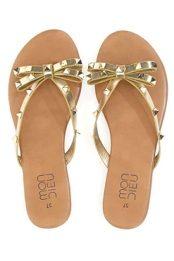 Platin Flip Flops mit Schleife und Nieten MON DIEU PREA842