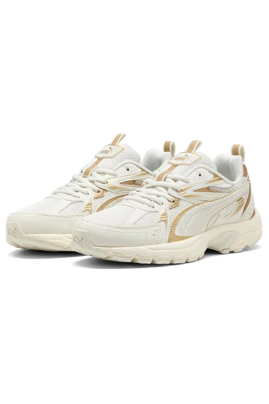 Puma Milenio Tech Wmns DaylNight Cremefarbene Sneakers mit goldenen Details