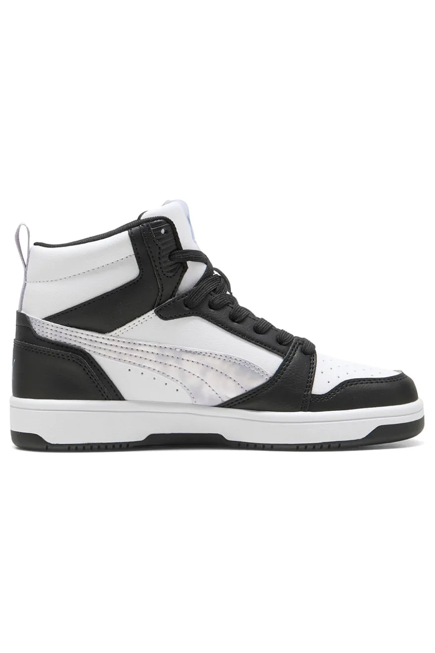 Puma Rebound V6 Mid Space Belle Jr – Schwarze und weiße High-Top-Sneaker mit schillernden Details