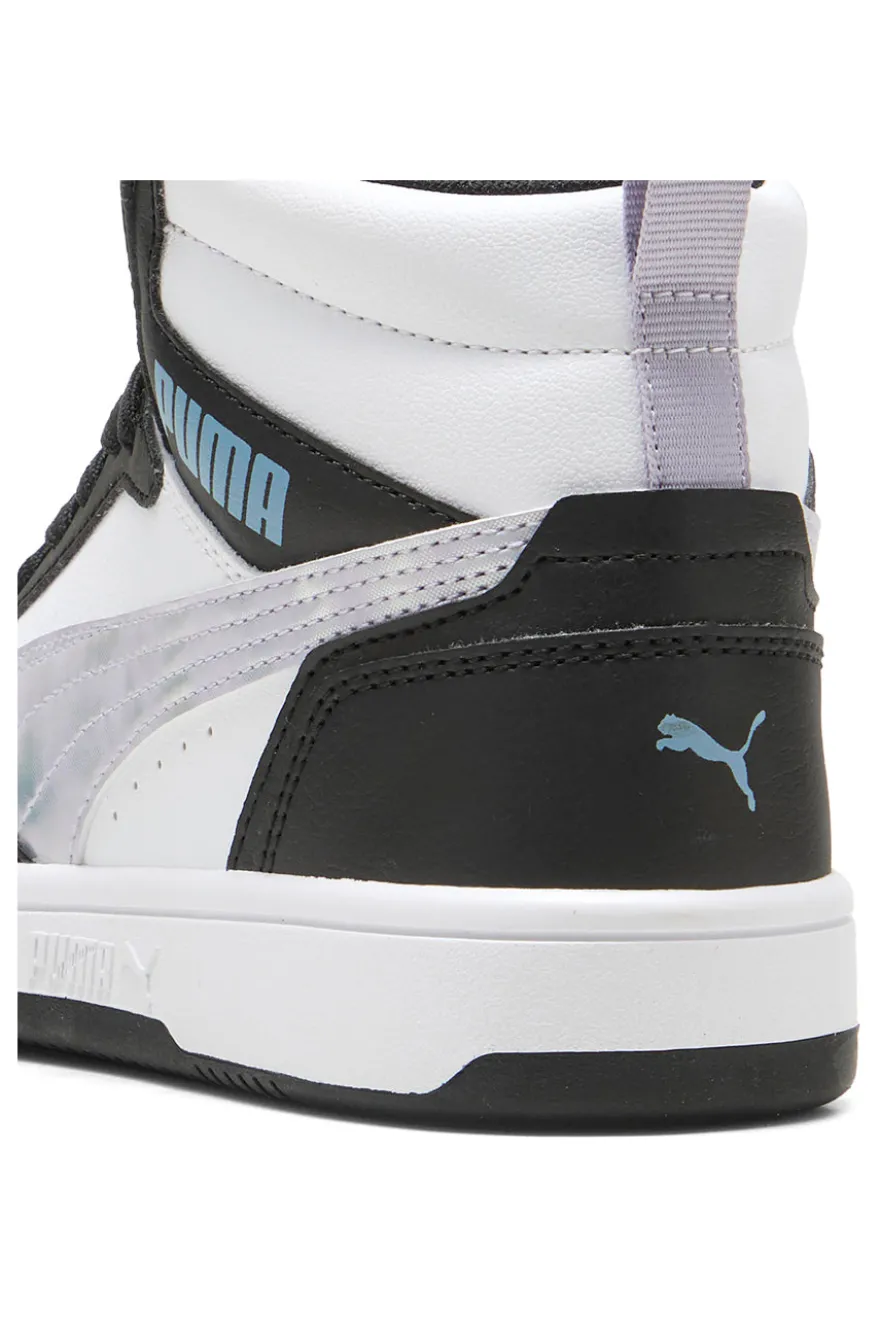 Puma Rebound V6 Mid Space Belle Jr – Schwarze und weiße High-Top-Sneaker mit schillernden Details